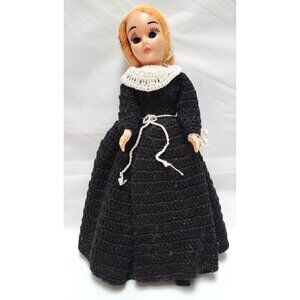 Vtg 8" Doll Pilgrim Style Home Made Black Dress Closing Blue Eyes Movable Limbs